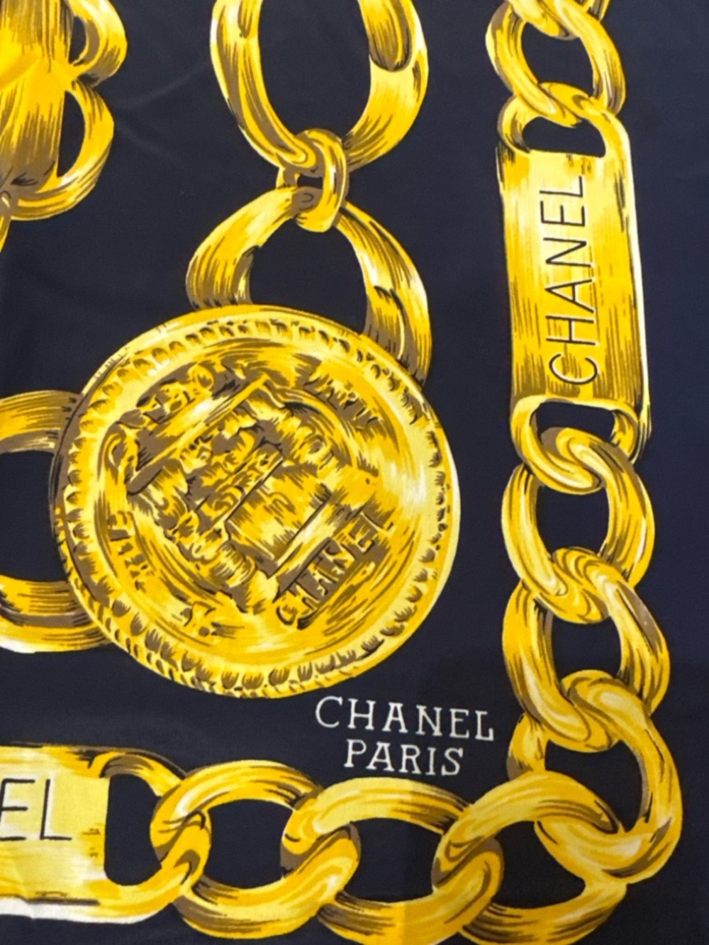 Navy & Gold Chain Print Silk Scarf Luxury Style Square Scarf - Picture 2 of 11
